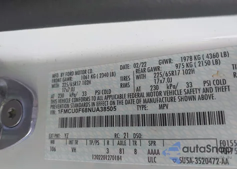 2022 Ford Escape S из США, поврежденный, VIN 1FMCU0F68NUA38505